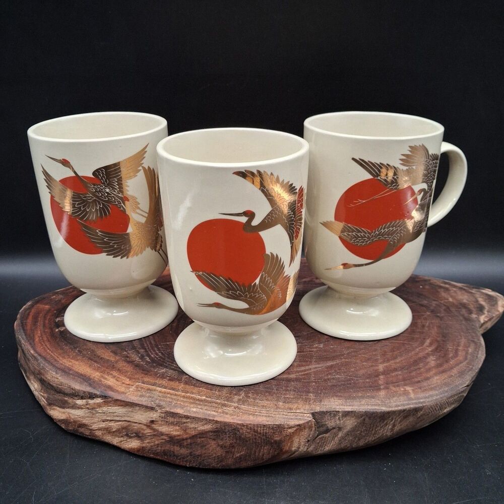 Vintage Takahashi Japan Gold Crane Red Sun Pedestal Mugs Set of 3 Unique Designs